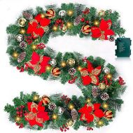 TURNMEON 9 Ft 100 LED Prelit Christmas Garland Decoration Lights Timer 8 Modes 30 Snowy Bristle Pine 6 Poinsettia 18 Balls 18 Pinecones 198 Red Berries Battery Operated Xmas Decor Indoor Ho
