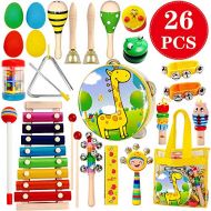 [아마존베스트]ToyerBee Musical Instruments Toys Set for Kids,26 PCS Wooden Percussion Instruments for Toddlers, Preschool& Educational Music Toy with Storage Bag for Children., Animal Tambourine