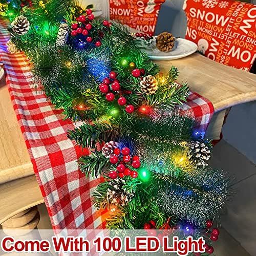  AMENON 9 Ft 100 LED Prelit Christmas Garland Decoration Light Timer 8 Modes 30 Snowy Bristle Pine 198 Red Berries Pinecones Battery Operate Mantle Garland Fireplace Indoor Home Xma