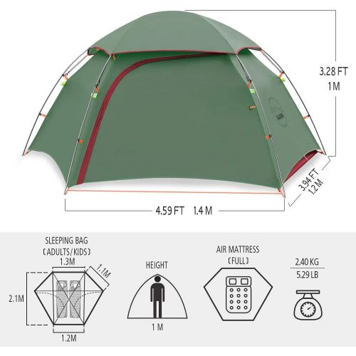  KAZOO Outdoor Camping Tent Durable Lightweight Waterproof Backpack Tents 2 Person Hiking Tent Backpacking Easy Setup, 3 Aluminum Poles Double Layer