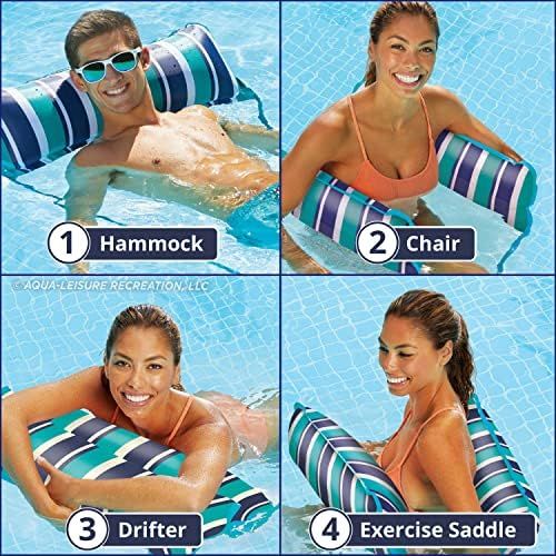  Aqua 4-in-1 Monterey Hammock XL (Longer/Wider) Inflatable Pool Chair, Adult Pool Float (Saddle, Lounge Chair, Hammock, Drifter), Water Hammock, Teal/Navy Stripe