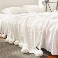 Abreeze Reversible 100% Cotton Knit Throws Pompoms Fringe Solid Hypoallergenic Blanket(39X42inches, White)