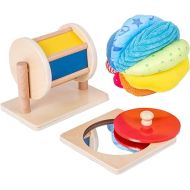 Montessori Baby Toys Play Kit Montessori Mirror Peekaboo Knob Puzzle, Medium Spinning Drum and Rainbow Fabric Ball Kit Toys for 6-12Months Toddlers (Play Kit 1)