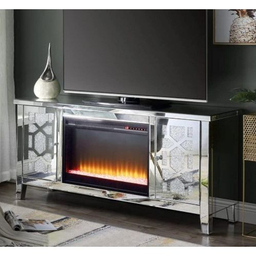  Acme Furniture Acme Noralie TV Stand with Fireplace in Mirrored & Faux Diamonds