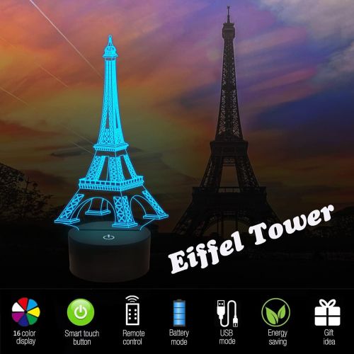  [아마존베스트]FULLOSUN Eiffel Tower Nightlight 3D Illusion Lamp Visual Bedroom Decoration LED Lamp with Remote Control 16 Color Changing Paris Fashion Style Acrylic Gifts for Birthday Xmas