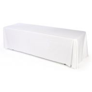 Displays2go White Polyester Tablecloth for 8-foot Tables, Convertible Design Also Fits 6-foot Tables