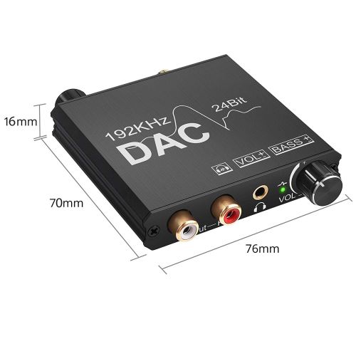  CAMWAY 192kHz Digital to Analog Audio Converter with Bass Adjustment DAC Converter Volume Control Toslink Coaxial Optical to RCA and 3.5mm Headphone Jack Anti-Interference Audio Ad