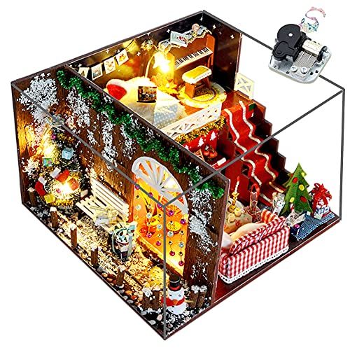  WYD Hand-Assembled Wooden Miniature Christmas Dollhouse Kit Creative Toys with LED Lights for Christmas Decoration Present