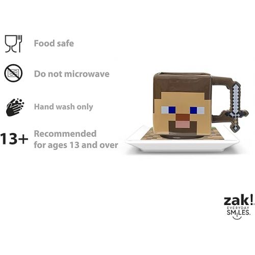 Zak Designs Minecraft Ceramic Sculpted Mug and Plate Set for Coffee, Tea, Breakfast or Dessert, 3D Character Collectible Keepsake (2-Piece, Non BPA, Steve)