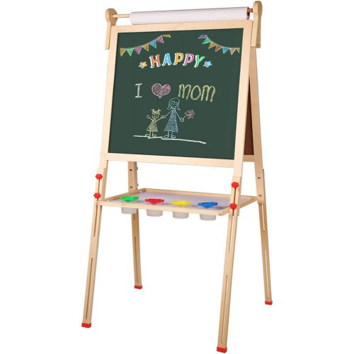  [아마존베스트]YOHOOLYO Kids Wooden Art Easel with Paper Roll, Double Sided Whiteboard Chalkboard Children Easel,Adjustable Height Magnetic Dry Easel Drawing with Kids Art Easel Playset for Boys