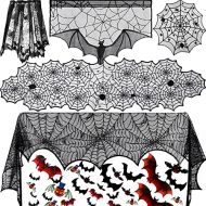 BBTO 5 Pack Halloween Decorations Kitchen Decor Indoor Tablecloth Runner Fireplace Scarf Lace Curtain Round Table Cover Spider Cobweb Lampshade and 36 Pieces Scary 3D Bat Stickers