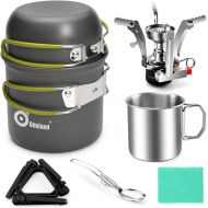 Odoland 8pcs Camping Cookware Mess Kit, Camping Pot and Pan Set with Mini Backpacking Stove, Stainless Steel Cup, Spork and Tank Bracket, Cooking Gear for Outdoor, Hiking, Picnic,