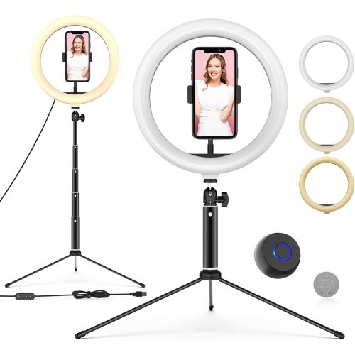  [아마존베스트]10” LED Ring Light with Tripod Stand Adjustable & Phone Holder, Bluetooth Remote Shutter for Makeup/Live Stream/YouTube Video/Photography, Compatible with iOS/Android - WONEW ZJ02