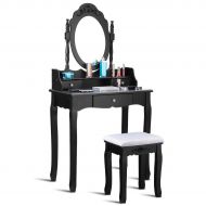 AK Energy Black Vanity Makeup Dressing Table Stool Set Jewelry Desk 3 Drawer 15 Rotating Mirror