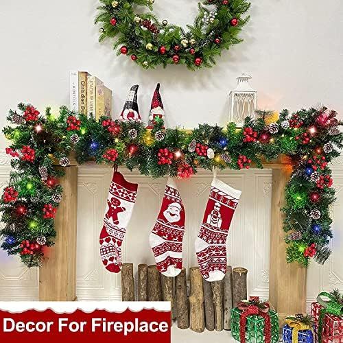  AMENON 9 Ft 100 LED Prelit Christmas Garland Decoration Light Timer 8 Modes 30 Snowy Bristle Pine 198 Red Berries Pinecones Battery Operate Mantle Garland Fireplace Indoor Home Xma