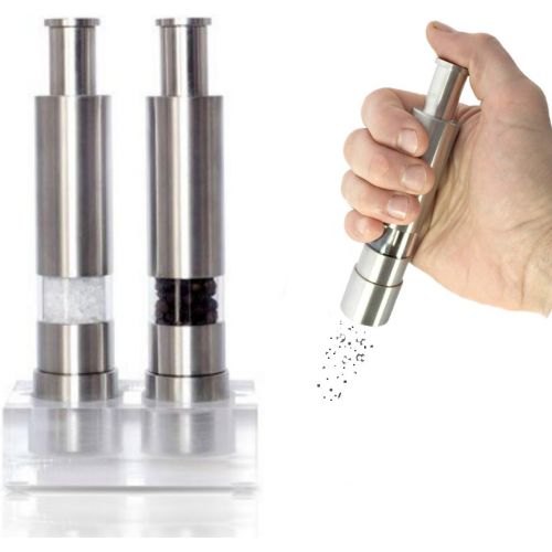  Grind Gourmet Salt and Pepper Grinder Set, Original Pump & Grind Peppermill are Refillable, Modern Thumb Press Grinder, Comes with Black Pepper, Sea Salt and Stand, Works With Hima
