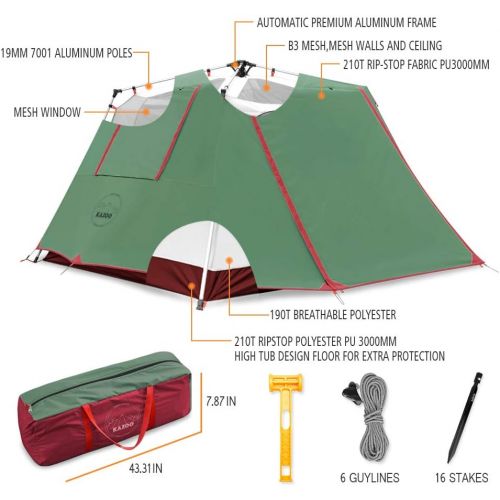  KAZOO Family Camping Tent Large Waterproof Pop Up Tents 3/4 Person Room Cabin Tent Instant Setup with Sun Shade Automatic Aluminum Pole