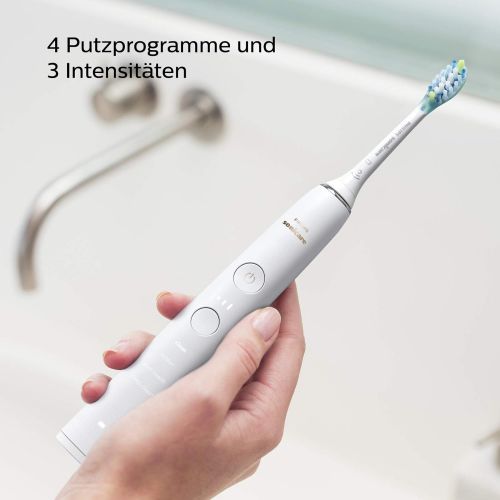 필립스 Philips Sonicare DiamondClean 9000 HX9911/27, Sonic Toothbrush with 4 Cleaning Programmes, Timer, USB Travel Charging Case and Charging Glass, White