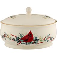 Lenox Winter Greetings Covered 9.5 Oval Serving Dish Cardinal 24k Gold Accents