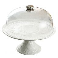 Jusalpha White Ceramic Decorative Cake Stand-Cupcake Stand with dome (Plastic dome)