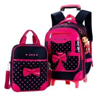 Fanci 2Pcs Cute Bowknot Kids Rolling School Backpack Polka Dot Trolley Carry on Luggage With Two Wheels