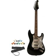Sawtooth Black Electric Guitar w/Chrome Pickguard - Includes: Strap, Picks & Lessons