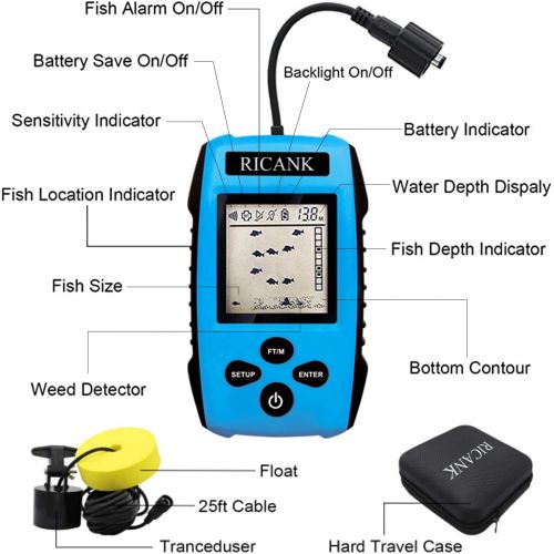  [아마존베스트]RICANK Portable Fish Finder with Hard Travel Case, Contour Readout Handheld Fishfinder Depth with Sonar Sensor Transducer and LCD Display Sensitivity Options Fish Depth Finder with