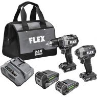 FLEX 24V Brushless Cordless 2-Tool Combo Kit: 1/2-Inch Drill Driver with Turbo Mode and 1/4-Inch Quick Eject Hex Impact Driver with 2.5Ah, 5.0Ah Lithium Batteries and 160W Fast Charger - FX204-2B