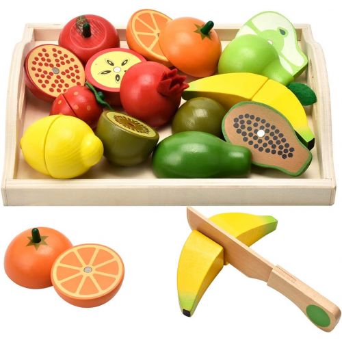  CARLORBO Wooden Toys for 2 Year Old - Pretend?Play Food Set for Kids?Play?Kitchen,9 Cuttable Toy Fruit and Veg with Wooden Knif and Tray,Gift Idea for Boy Girl Birthday