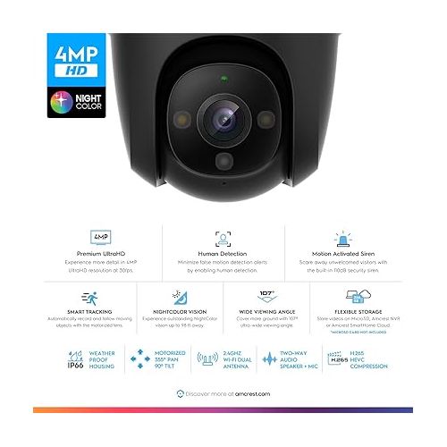  Amcrest 4MP Outdoor PT WiFi IP Camera Pan Zoom (Digital 16x) SmartHome WiFi Camera Security Speed Dome, Motorized Tilt, 98ft Nightcolor, (2.4Ghz), 107º FOV, IP66, 4MP, ASH47-W