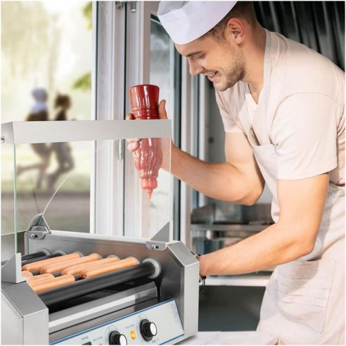  [아마존베스트]Royal Catering Hot Dog Grill Hot Dog Machine Hot Dog Maker (7 Rolls, Space for 12 Sausages, Teflon-Coated 1400 W, 2 Heating Zones, Stainless Steel) Silver