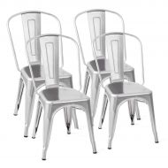 COSTWAY Costway Tolix Style Dining Chairs Metal Industrial Vintage Chic High Back Indoor Outdoor Dining Bistro Cafe Kitchen Side Stackable Chair Set of 4 (Silver)