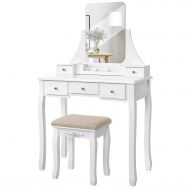 VASAGLE Vanity Table Set with Large Frameless Mirror, Makeup Dressing Table Set for Bedroom, Bathroom, 5 Drawers and 1 Removable Storage Box, Cushioned Stool,White URDT25W