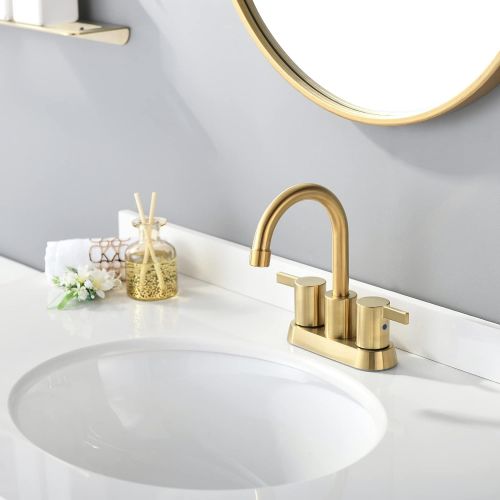  Phiestina Brushed Gold 4 Inch 2 Handle Centerset Lead-Free Bathroom Faucet, with Copper Pop Up Drain and Two Water Supply Lines, BF015-1-BG