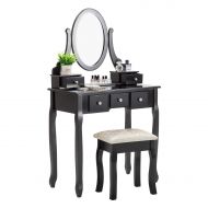 Unihome Makeup Vanity Table Set, Cushioned Stool and Gift Makeup Organizer with Oval Mirror, 5 Drawers Dressing Table Black