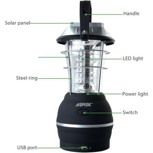  AGPTEK Solar Lantern, 5 Mode Hand Crank Dynamo 36 LED Rechargeable Camping Lantern Emergency Light, Ultra Bright LED Lantern - Car Charge - Camping Gear for Hiking Emergencies Hurr