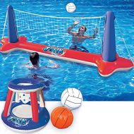 Sloosh Inflatable Pool Float Set Volleyball Net & Basketball Hoops, Balls Included for Kids and Adults Swimming Game Toy, Summer Floaties, Volleyball Court (105”x28”x35”)Basketball (27”x2