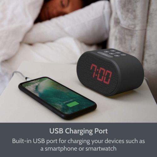  [아마존베스트]I-box Alarm Clock Bedside Non Ticking LED Backlit Alarm Clock with USB Charger & FM Radio, 5 Step Dimmable Display - Wall Outlet Powered with Battery Backup (Black)