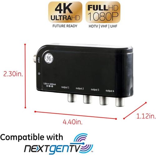  [아마존베스트]GE 4-Way TV Antenna Amplifier Splitter Clears Up Pixelated Low-Strength Channels Distributes Signal to Multiple TVs 50-1006MHz Low Noise Antenna Signal Booster HD Digital VHF UHF I