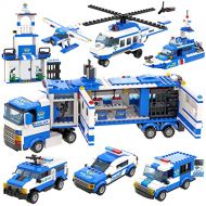 WishaLife City Police, 1039 Pieces City Police Station Building Set, 8 in 1 Mobile Command Center Building Toy with Cop Car, Helicopter, Boat, Best Learning Roleplay STEM Toy Gifts for Boys