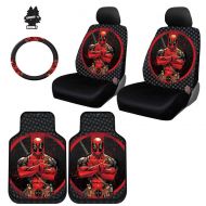 Yupbizauto 8 Pieces Marvel Comic Deadpool Car Seat Covers Floor Mats and Steering Wheel Cover Set with Air Freshener