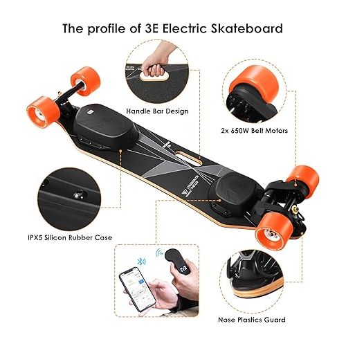  3E Electric Longboard E-Skateboard with App Control, 650W Dual Motors Belt Driven Skateboard for Commuting, Top Speed 28mph with 4 Mode for 13mile Range, Handle Design for Adults Max Load 330LBS