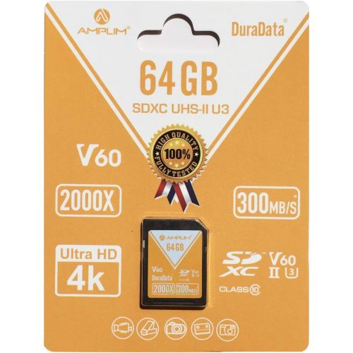  Amplim 64GB V60 UHS-II SD SDXC Card, 300MB/S 2000X Lightning Speed Performance, Extreme Read, U3 Secure Digital Memory Storage for Professional Photographer and Videographer