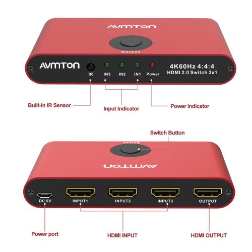  [아마존베스트]AVMTON 4K HDMI 2.0 Switch 3 Port,HDMI Switcher Splitter 3 in 1 Out,Aluminum Red HDMI Selector Box with Remote Supports 4K@60Hz Ultra HD3D 2160P 1080P for DVD,PS3/4 TV/X Box Fire St