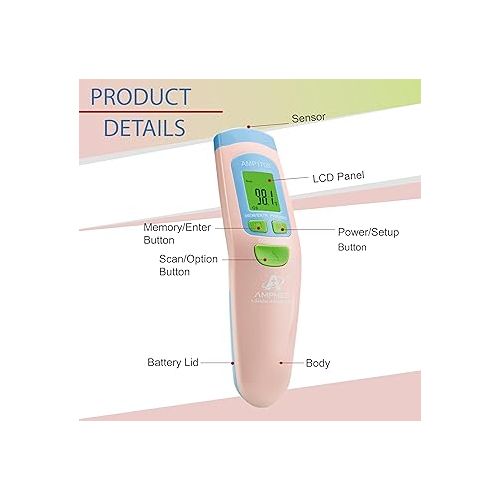  Amplim Ampmed Non Contact/No Touch Digital Forehead Thermometer for Adults, Kids, and Babies, Touchless Temporal Thermometer with Storage Case. FSA HSA Approved - Pink