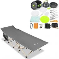 Sportneer Camping Cot, Max Load 450 LBS and 18Pcs Camping Cookware Set Hiking Cooking Kit