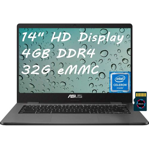 아수스 ASUS Chromebook 14 Thin and Light Laptop 14 HD Screen Intel Celeron N3350 4GB DDR4 32GB eMMC USB C Webcam Chrome OS (Google Classroom and Zoom Compatible) + Delca 32GB SD Card