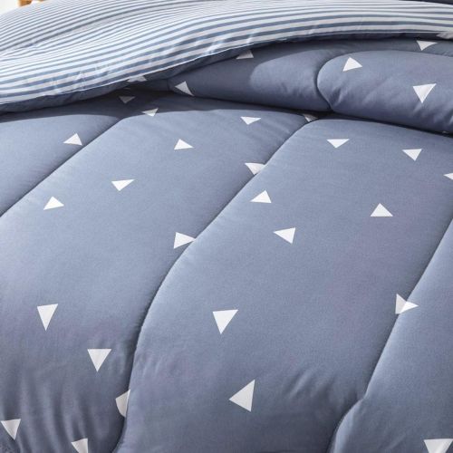  [아마존베스트]Uozzi Bedding Comforter Set Twin Size Blue Gray with White Triangles Print Reversible Down Alternative 800 TC Kids Duvet Sets 1 Microfiber Comforter with 2 Pillow Shams