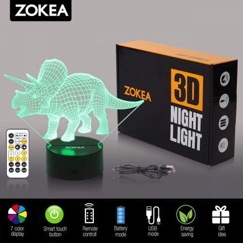  [아마존베스트]ZOKEA Night Lights for Kids Dinosaur 3D Night Light Bedside Lamp 7 Colors Changing with Remote Control Best Birthday Gifts for Boys Girls Kids Baby (Dinosaur Triceratops)