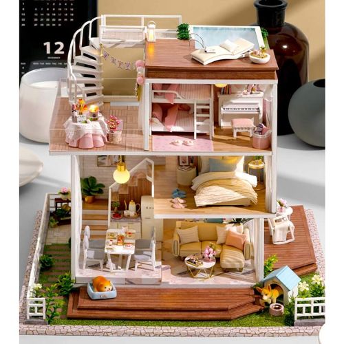  WYD Large Villa Assembly kit, Modern Architectural Model,Three/ Four-Story Doll House Wood, LED Lamp Furniture, for Gift Collection (Have a Nice Day)